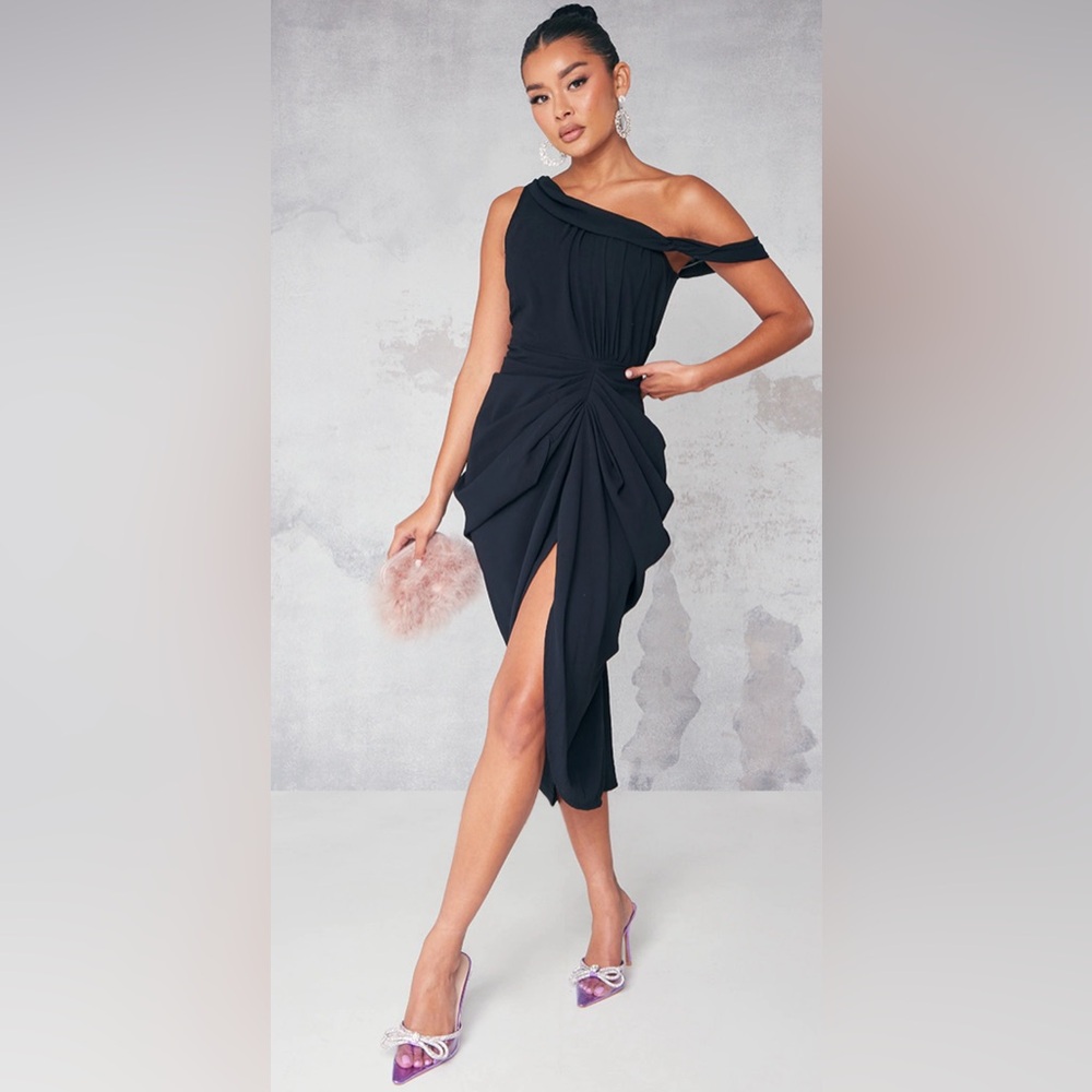 PrettyLittleThing Black Chiffon Asymmetric Strap Draped Midi Dress